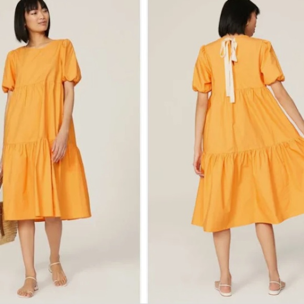 (A8) Peter Som Marigold Tiered Midi Dress Puffed Sleeve Keyhole Tie Back, Sz 2